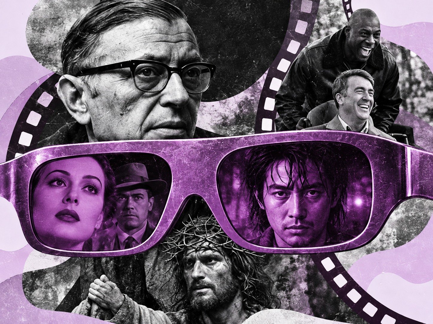 Collage de Sartre y personajes de cine vistos a través de unos lentes morados, como metáfora de una nueva mirada existencial