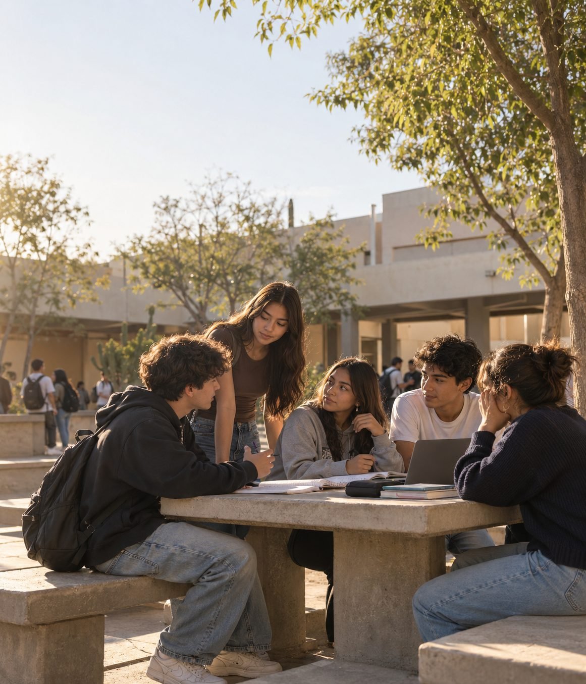 Grupo de adolescentes conversando alrededor de una mesa en un entorno educativo