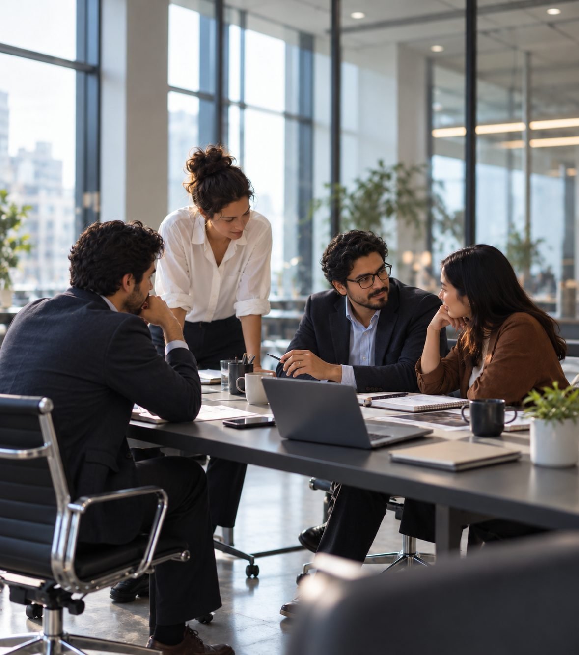 Equipo profesional conversando alrededor de una mesa de trabajo